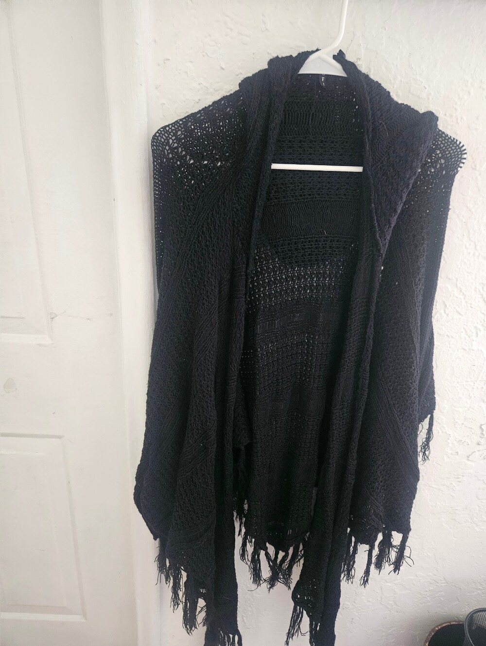 Poof! Black Open-Knit Hooded Fringe Poncho - Cardigan Sweater.